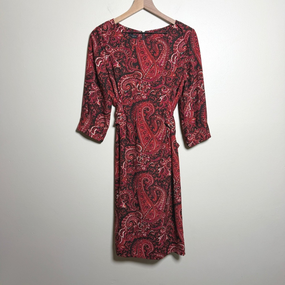 Talbots Womens Dress 10 Red Paisley 3/4 Sleeve Belted Boho Career Fall Autumn